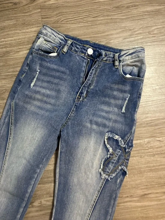 Y2K Butterfly Patch Flare Jeans Distressed Low Rise Boho Vintage Aesthetic Denim - Picture 3 of 8